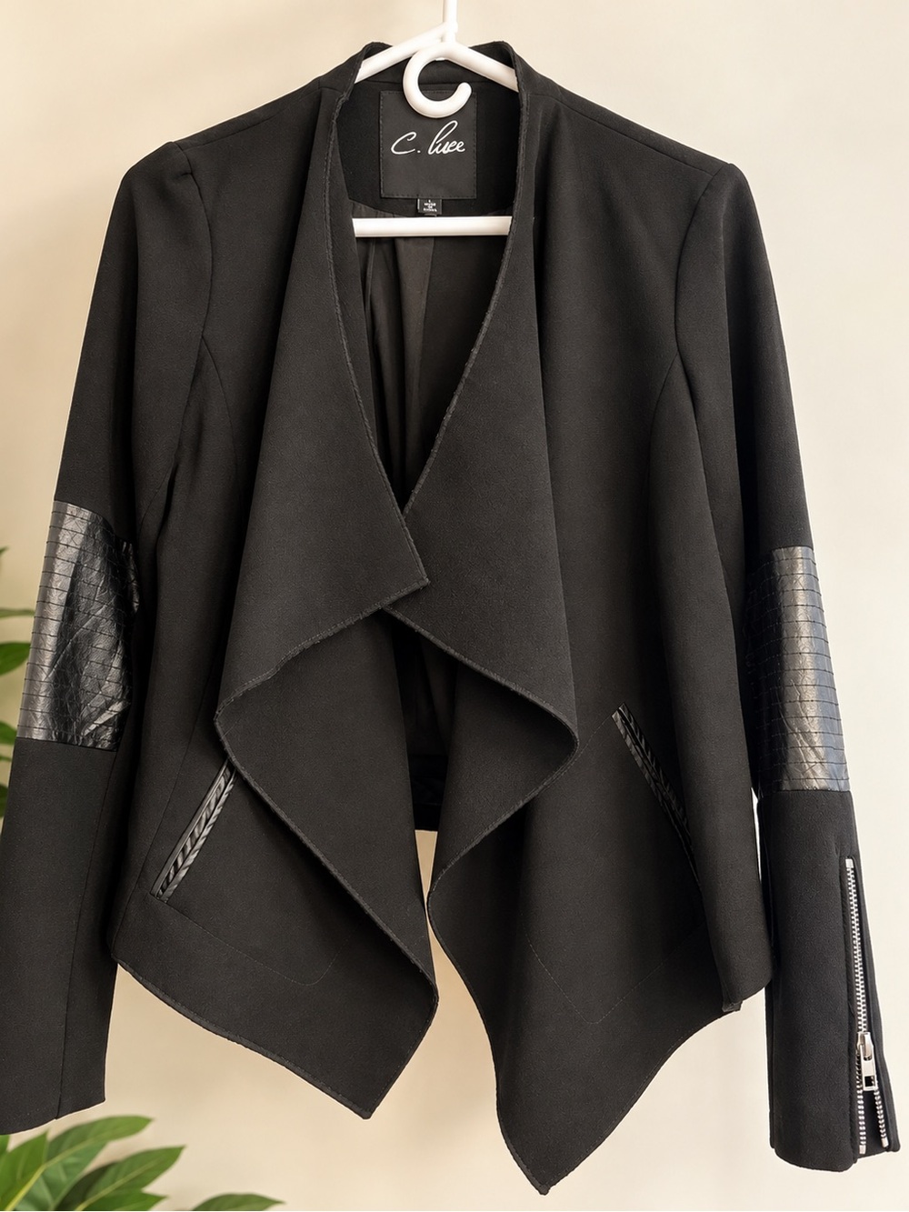 C. Luce Black Draped Waterfall Blazer with Faux-Leather Accents
